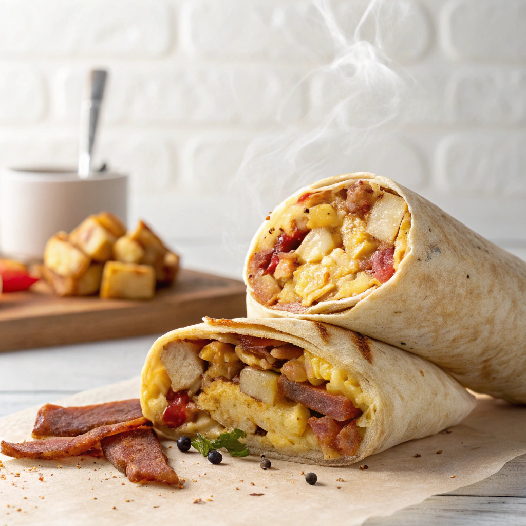 Breakfast burrito with eggs, bacon, cheese, and avocado